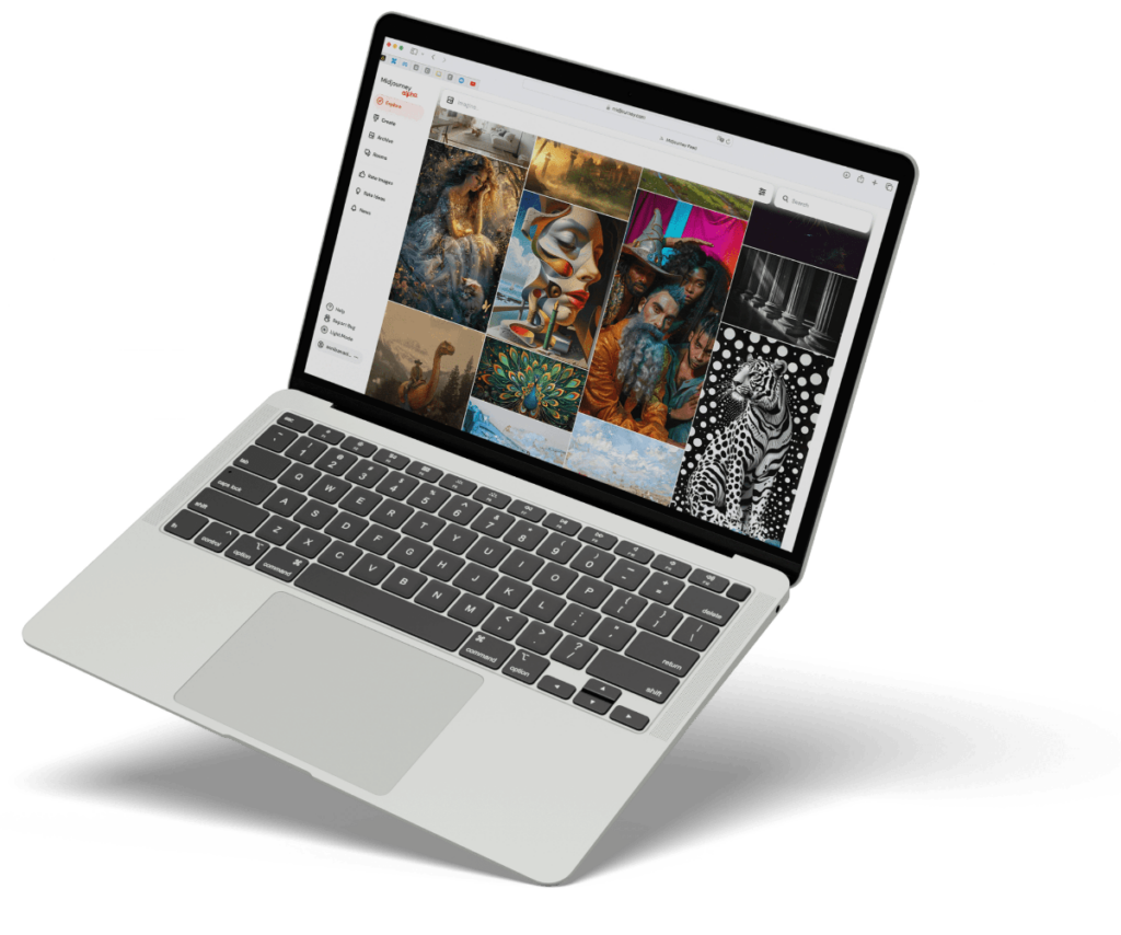 Offenes MacBook, auf dem Bildschirm ist die Midjourney-Webseite mit einer Bildergallerie zu sehen.